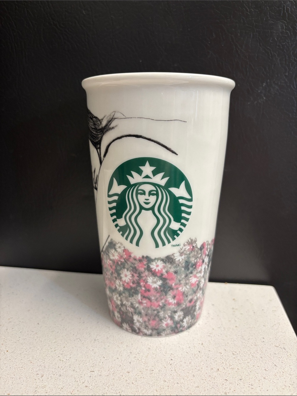 Starbucks White Ceramic Mug with Green Logo and Pink Floral Accents